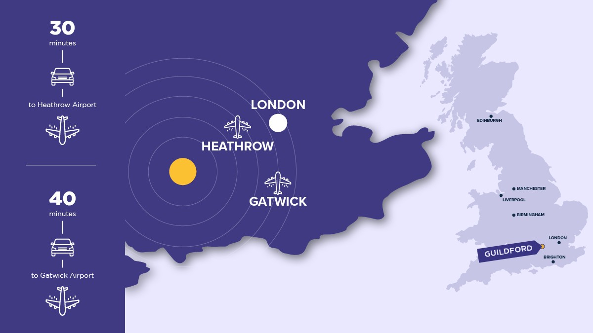 Map showing proximity of University of Surrey to Heathrow and Gatwick airports