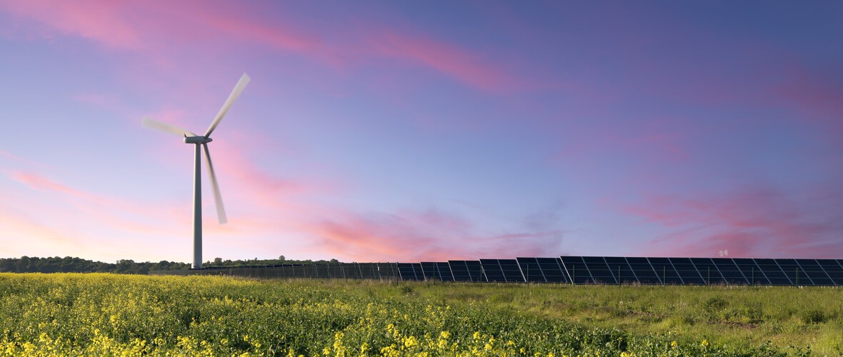 solar panels and a wind turbine in a field