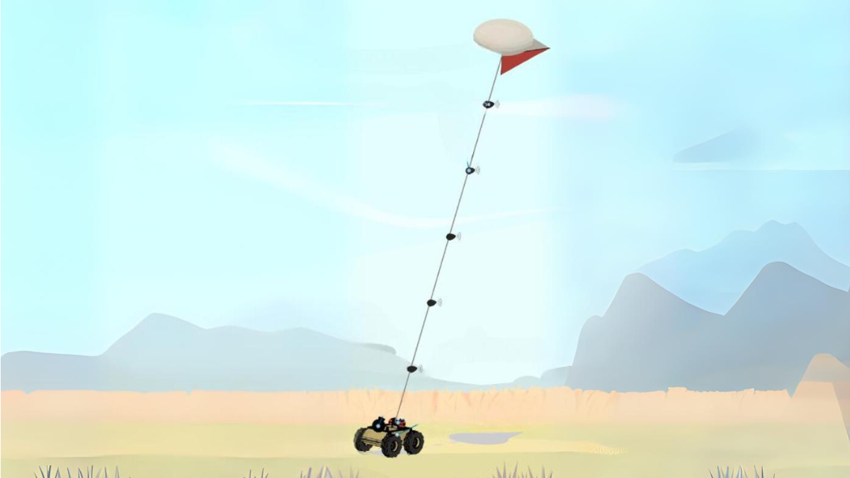 a computer generated image of a robot flying a helium kite on a landscape