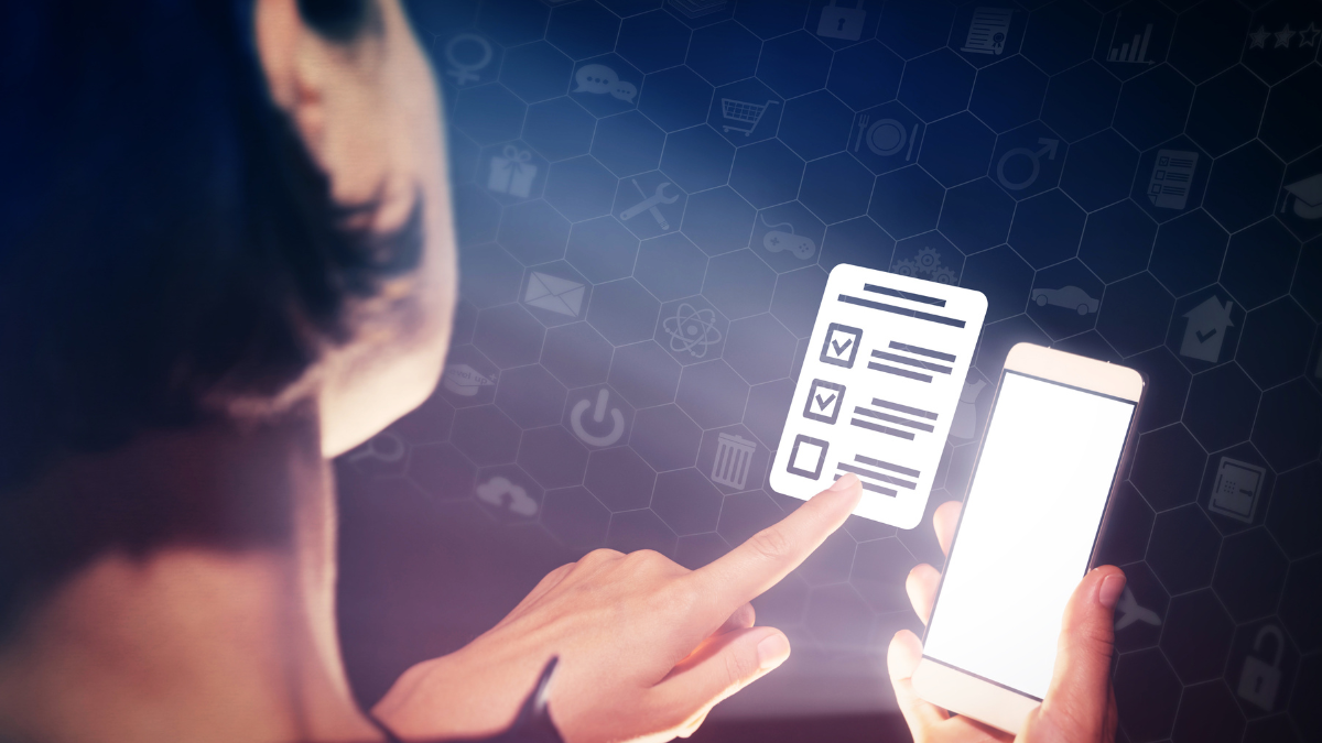 stock photo of a woman scrolling a smartphone and voting at the same time