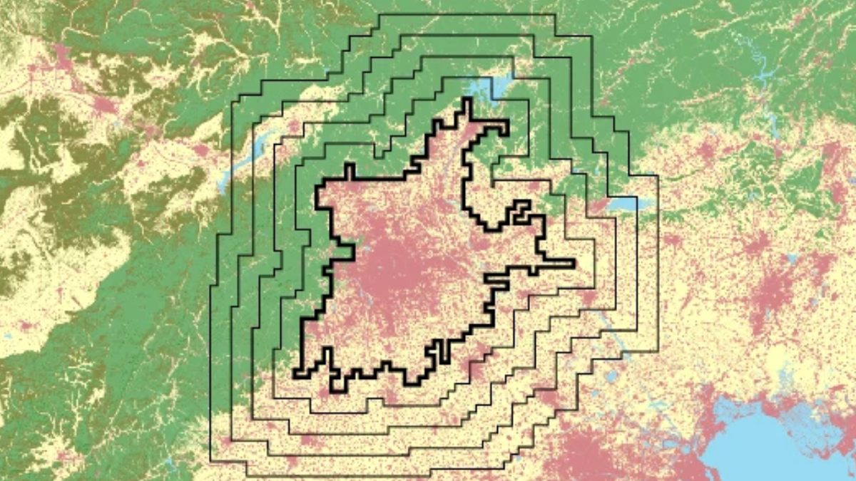 Map of the Beijing region, segmented into urban and rural belts