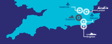 Map showing proximity of London Gatwick and London Heathrow Airports to the University of Surrey in Guildford