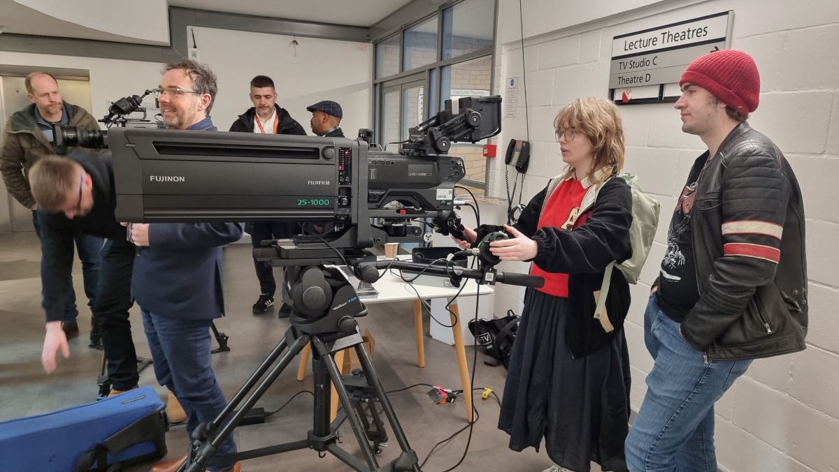 Students and lecturers demonstrating kit on Guild of TV camera professionals day, Nov 2024