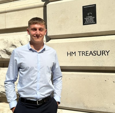 Surrey Economics and Finance student, Ewan Taylor, outside HM Treasury