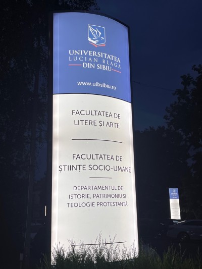 Illuminated sign for University of Sibiu