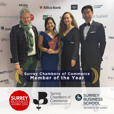 Image showing Surrey Business School holding Surrey Chamber Member of the Year award at Surrey Business Awards 2024