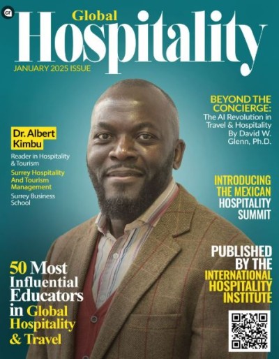 Front cover of Global Hospitality with Dr Albert Kimbu featured as one of 50 Most Influential educators, January 2025