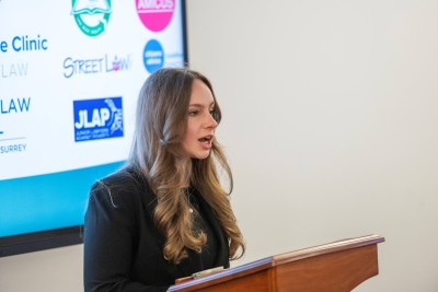 Law student Anastasia at Access to Justice showcase held at the University of Surrey, Feb 2025