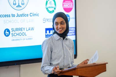 Law student Elaf at Access to Justice showcase held at the University of Surrey, Feb 2025