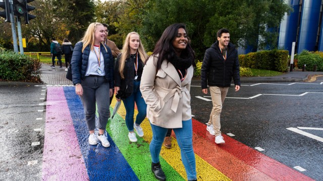 Students on rainbow crossing