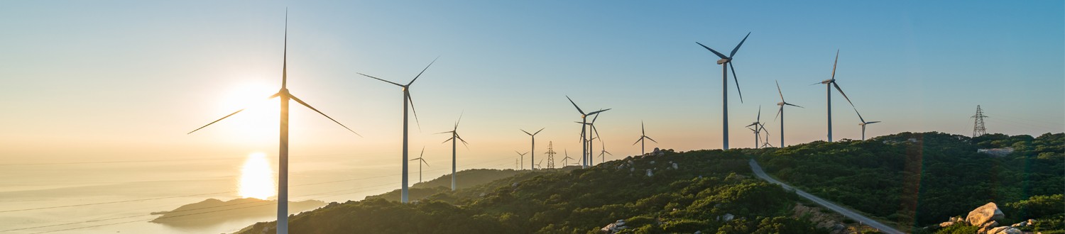 Wind turbines on the coast with a sunset