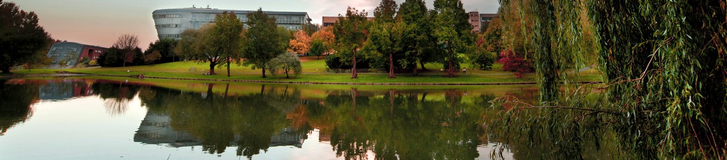 A view of the Duke of Kent building and the natural environment at the University of Surrey