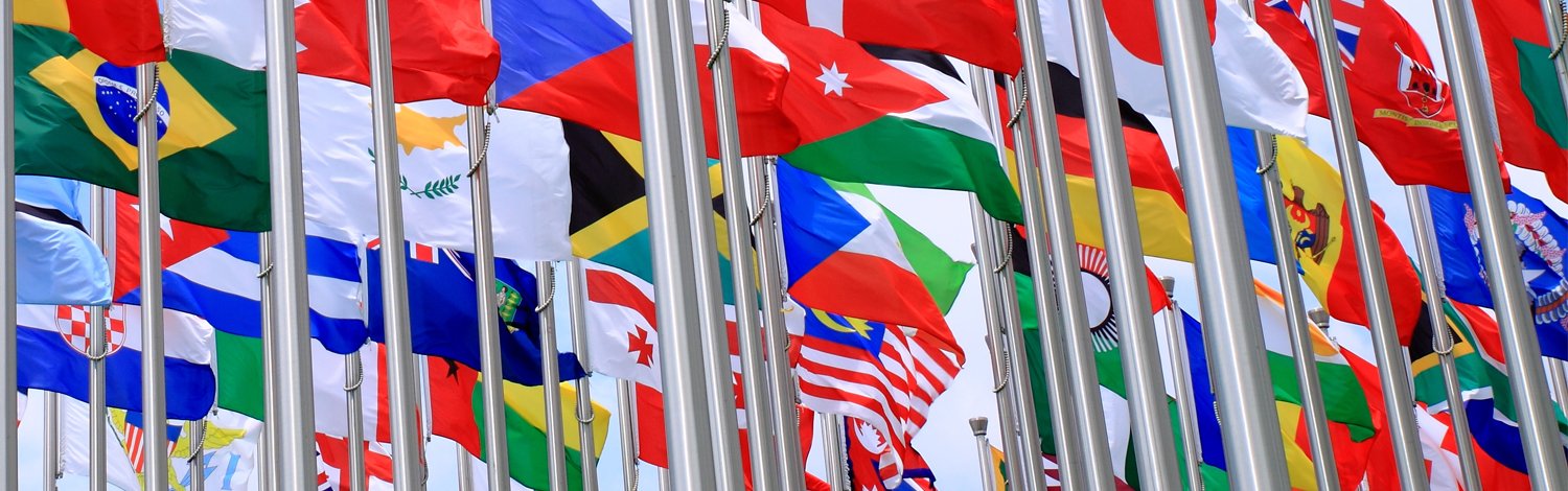 Country flags waving in wind