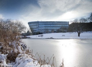 The lake at the University of Surrey frozen over during Winter.