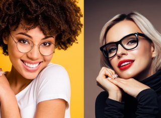 Two women wearing very different styles of glasses