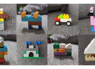 Various lego builds of vehicles, animals and buildings