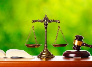 Image of weighing scales, book and gavel against green background