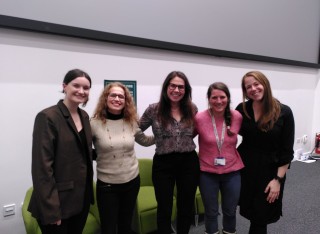 From left to right, Emily Appleby (Investors in the Environment), Giustina Diana (Investors in the Environment), Becky Sedman (Vet Sustain), Hannah Davies (University of Surrey Veterinary School) and Dr Cait Finnegan (University of Surrey Veterinary School), stand in a line smiling at the camera. Image credits: Dr Cait Finnegan