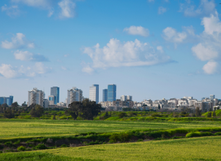 Tower blocks in a city, viewed from nearby green fields