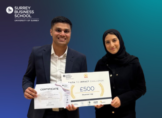 Graphic showing two Surrey Business Students with winning certificate for SBS Data to Impact Challenge entry