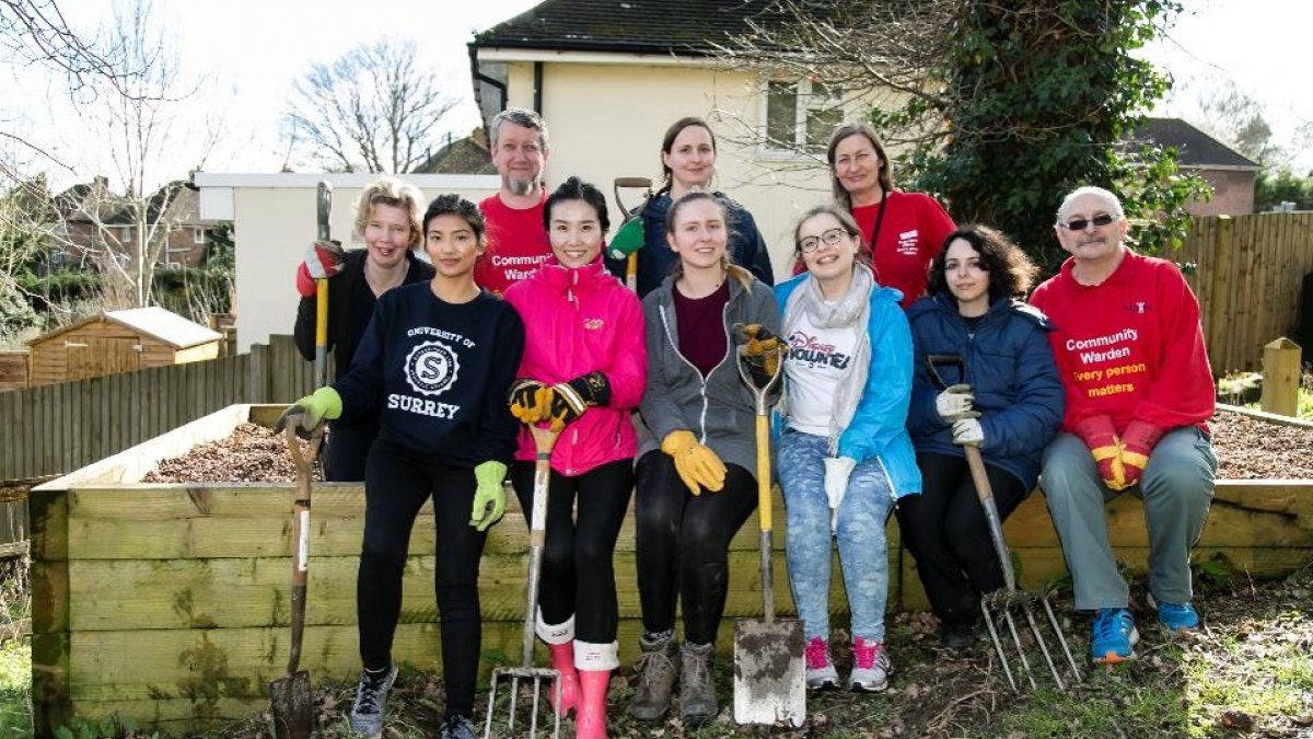 Group of volunteers gardening