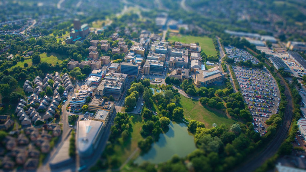 Aerial view of Surrey Stag Hill campus