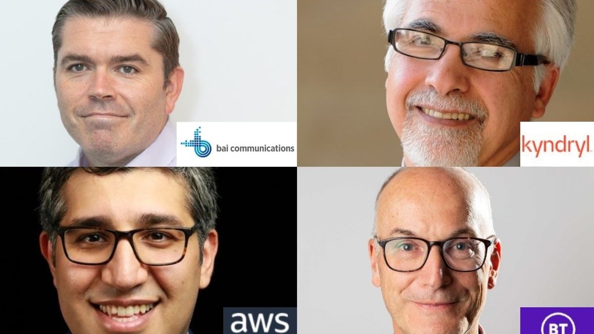 The faces of four men and logos from their companies: BAI Communications, Kyndryl, Amazon Web Services and BT