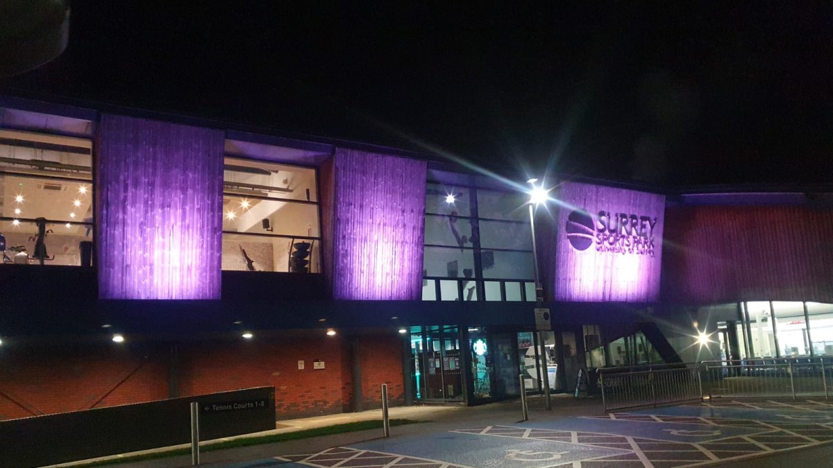 Surrey Sports Park lit up in purple