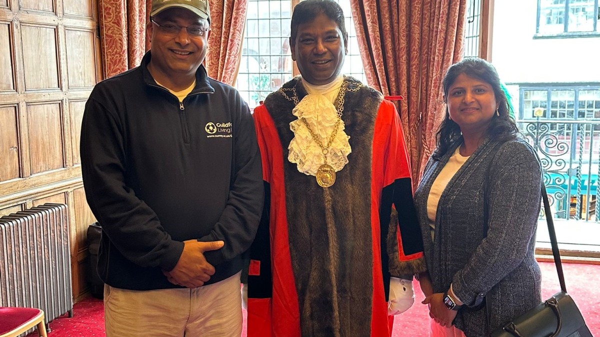 Prashant Kumar and his wife with the Mayor of Guildford