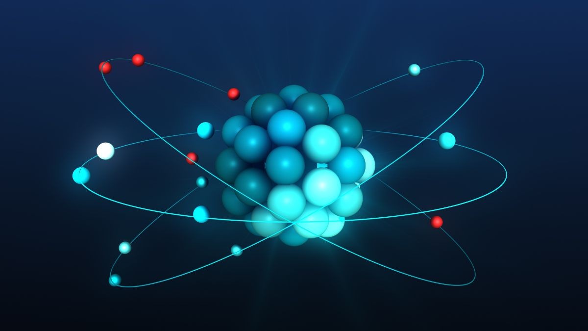 Atom model, protons and neutrons in atomic nucleus and orbiting electrons