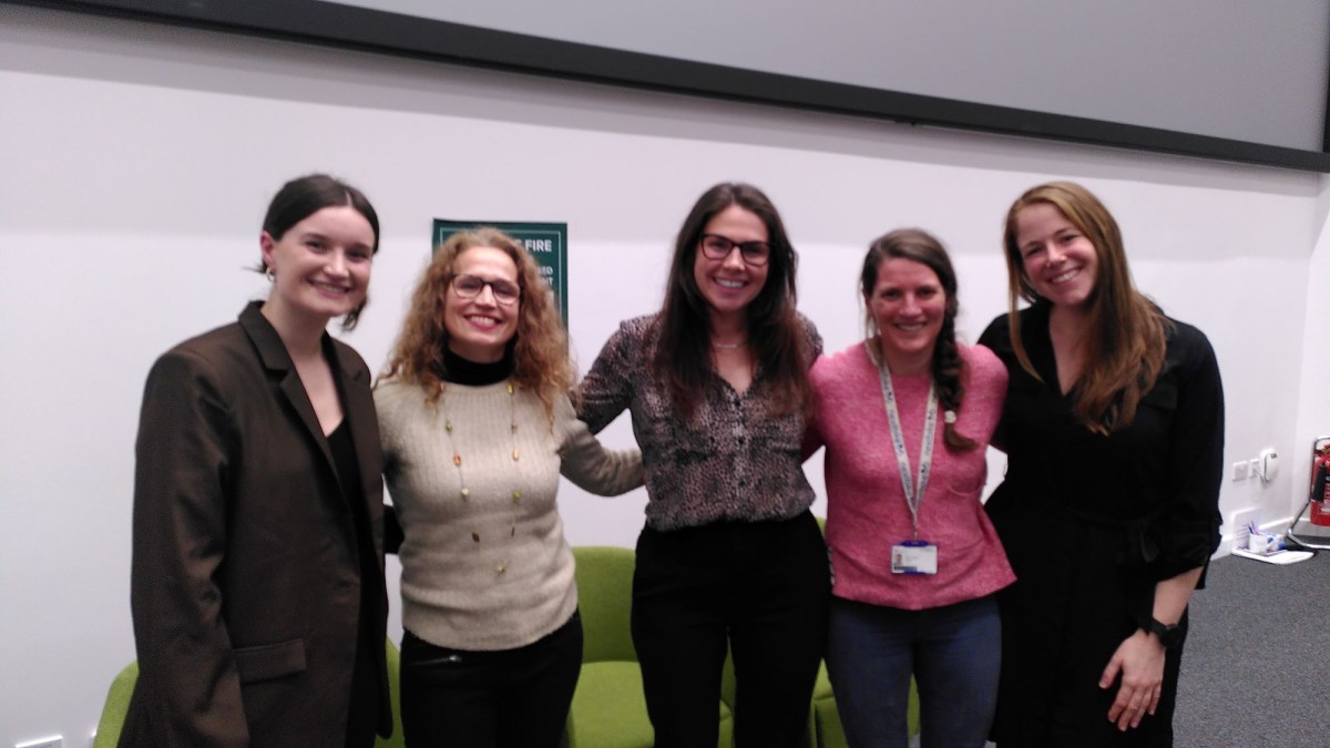 From left to right, Emily Appleby (Investors in the Environment), Giustina Diana (Investors in the Environment), Becky Sedman (Vet Sustain), Hannah Davies (University of Surrey Veterinary School) and Dr Cait Finnegan (University of Surrey Veterinary School), stand in a line smiling at the camera. Image credits: Dr Cait Finnegan